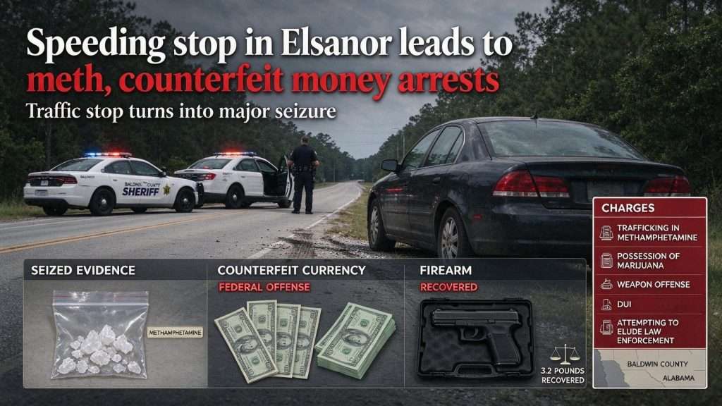 Illustration for the news story: Speeding stop in Elsanor leads to meth, counterfeit money arrests