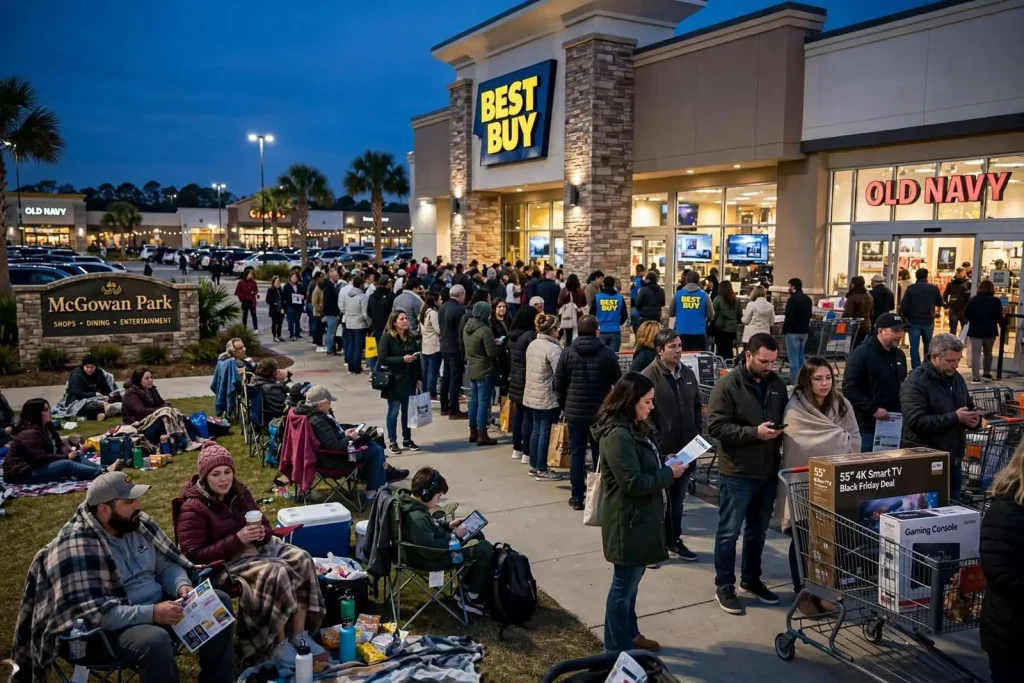 Illustration for the news story: Thanksgiving Shoppers Say the Long Lines Were Worth It at Mobile’s McGowan Park