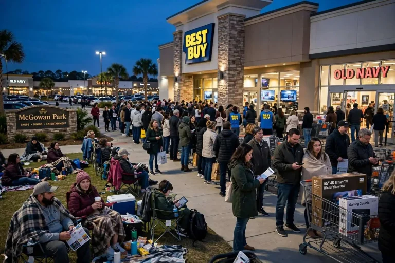 Illustration for the news story: Thanksgiving Shoppers Say the Long Lines Were Worth It at Mobile’s McGowan Park