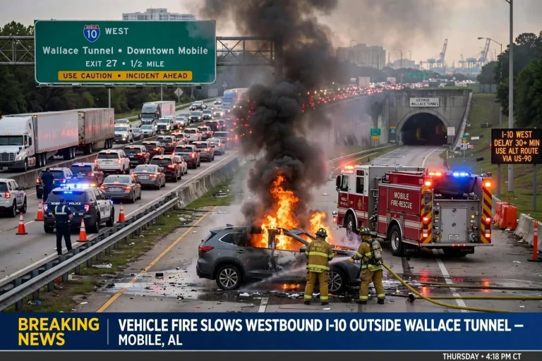 Illustration for the news story: Vehicle fire slows westbound I-10 outside Wallace Tunnel exit