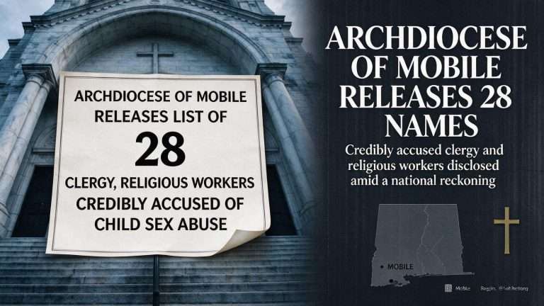 Illustration for the news story: Archdiocese of Mobile Releases List of 28 Clergy, Religious Workers Credibly Accused of Child Sex Abuse