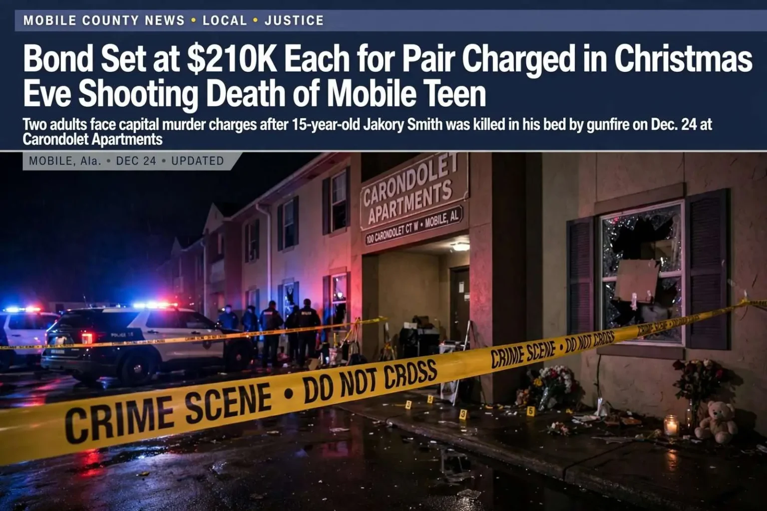 Illustration for the news story: Bond Set at $210K Each for Pair Charged in Christmas Eve Shooting Death of Mobile Teen
