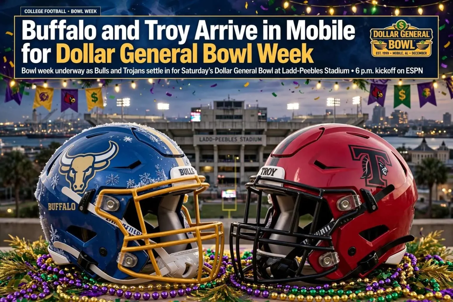 Illustration for the news story: Buffalo and Troy Arrive in Mobile for Dollar General Bowl Week