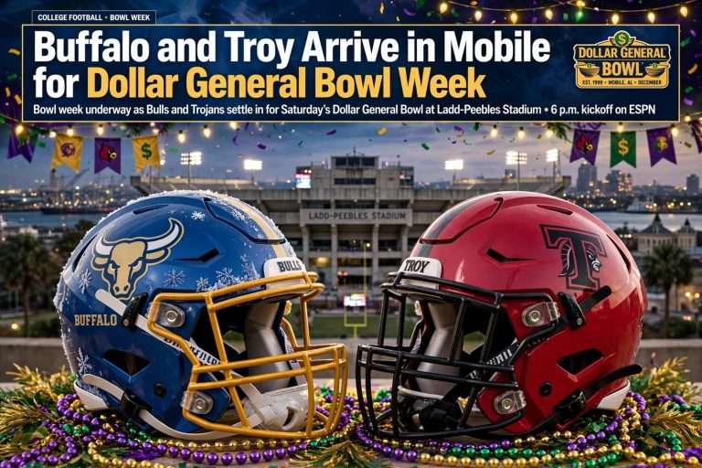 Illustration for the news story: Buffalo and Troy Arrive in Mobile for Dollar General Bowl Week