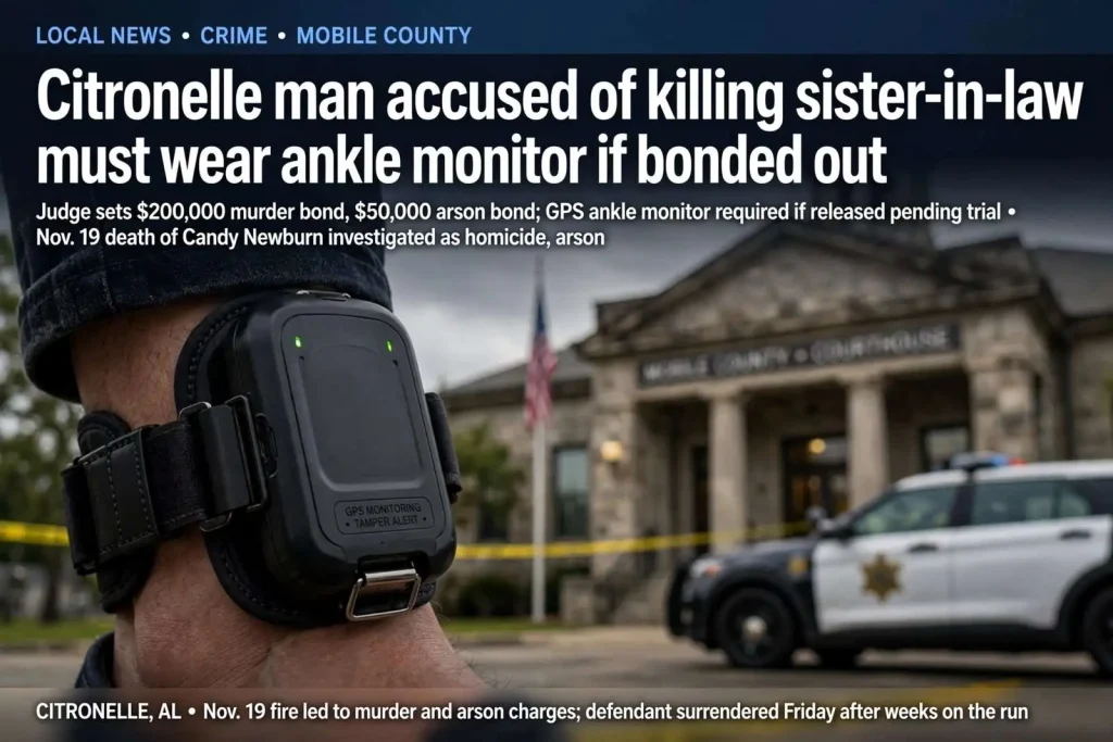 Illustration for the news story: Citronelle man accused of killing sister-in-law must wear ankle monitor if bonded out