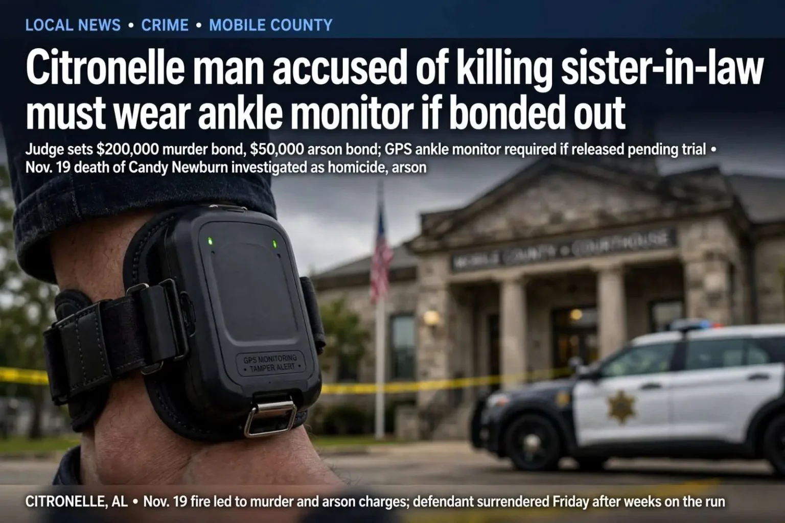 Illustration for the news story: Citronelle man accused of killing sister-in-law must wear ankle monitor if bonded out