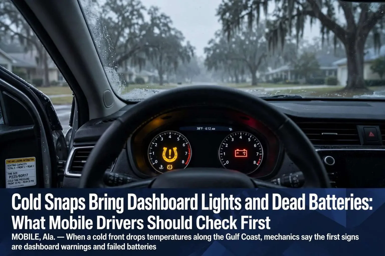 Illustration for the news story: Cold Snaps Bring Dashboard Lights and Dead Batteries: What Mobile Drivers Should Check First