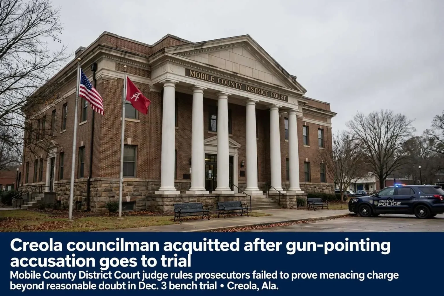 Illustration for the news story: Creola councilman acquitted after gun-pointing accusation goes to trial