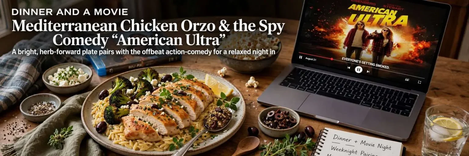 Illustration for the news story: Dinner and a Movie: Mediterranean Chicken Orzo and the Spy Comedy ‘American Ultra’