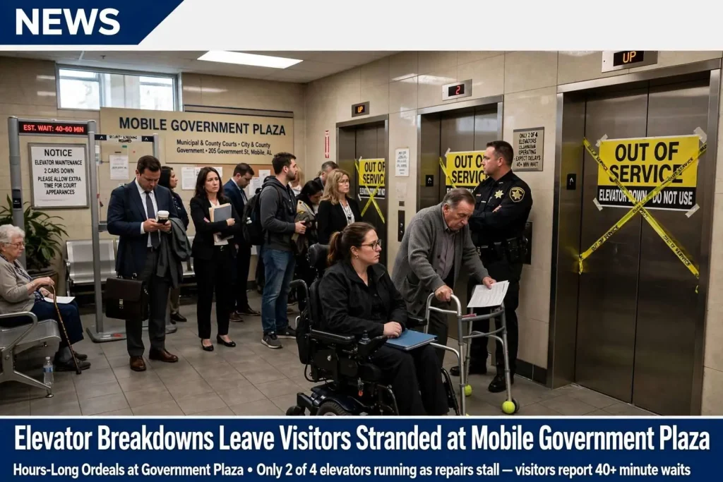Illustration for the news story: Elevator Breakdowns Leave Visitors Stranded at Mobile Government Plaza
