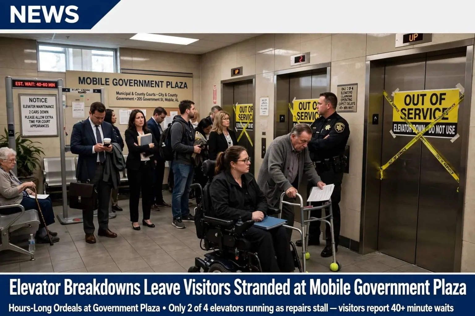 Illustration for the news story: Elevator Breakdowns Leave Visitors Stranded at Mobile Government Plaza
