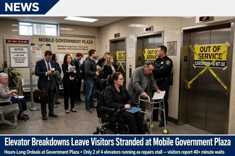 Illustration for the news story: Elevator Breakdowns Leave Visitors Stranded at Mobile Government Plaza