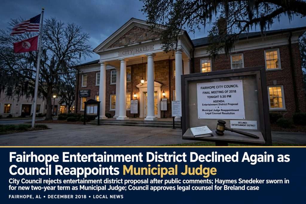 Illustration for the news story: Fairhope Entertainment District Declined Again as Council Reappoints Municipal Judge