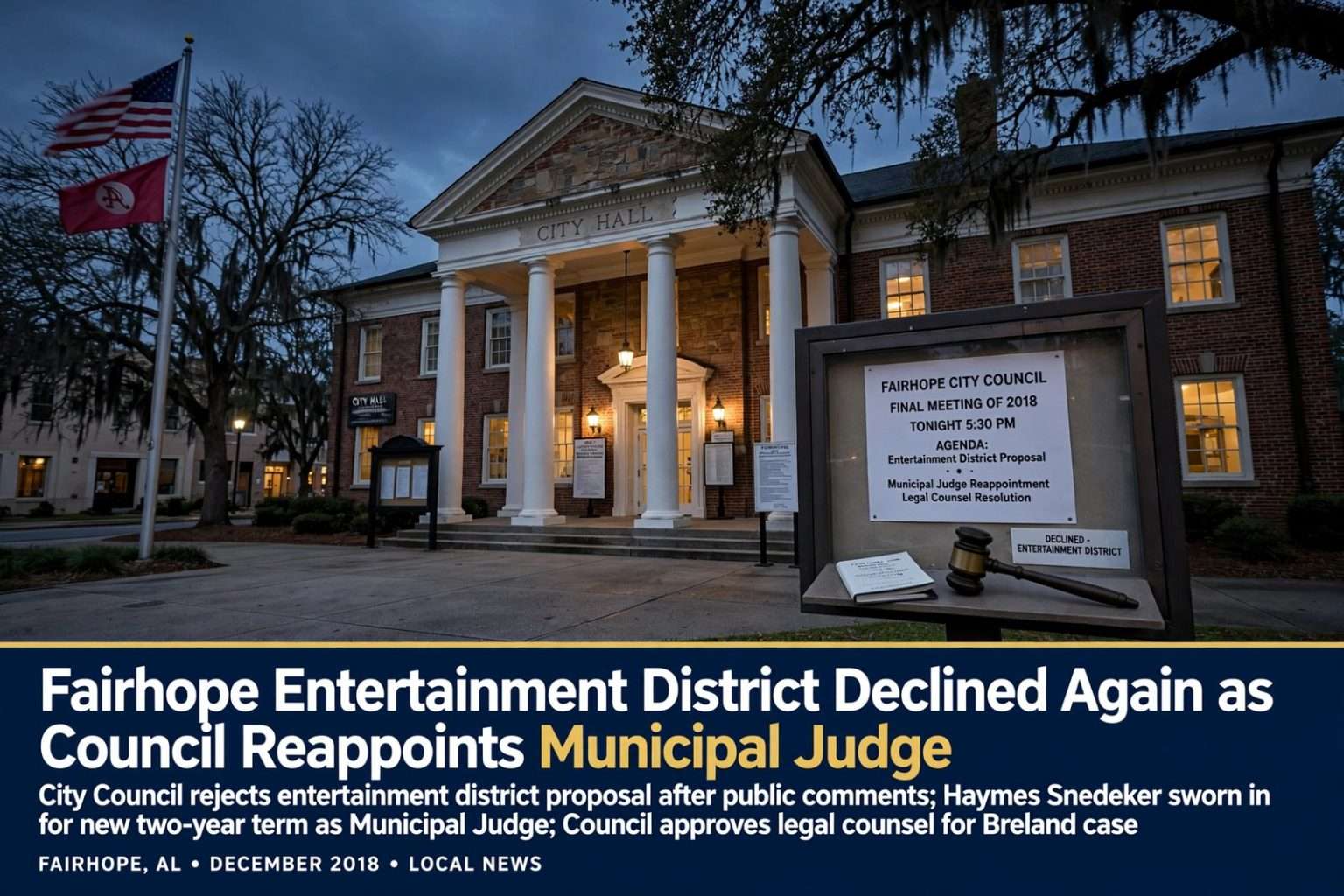 Illustration for the news story: Fairhope Entertainment District Declined Again as Council Reappoints Municipal Judge