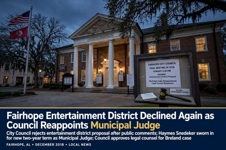 Illustration for the news story: Fairhope Entertainment District Declined Again as Council Reappoints Municipal Judge