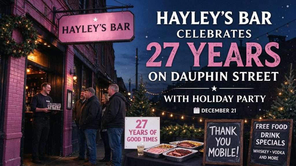 Illustration for the news story: Hayley’s Bar Celebrates 27 Years on Dauphin Street with Holiday Party December 21