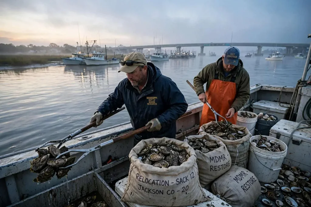Illustration for the news story: Mississippi oystermen move oysters to cleaner waters to rebuild population