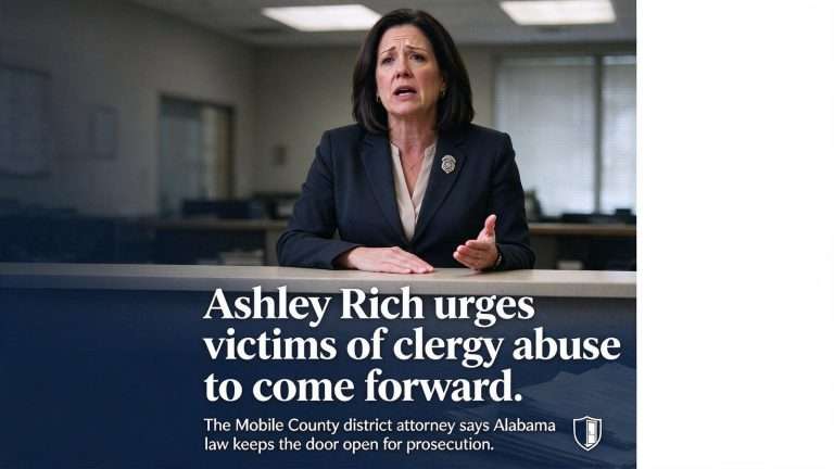 Illustration for the news story: Mobile DA Ashley Rich urges victims of clergy abuse to come forward