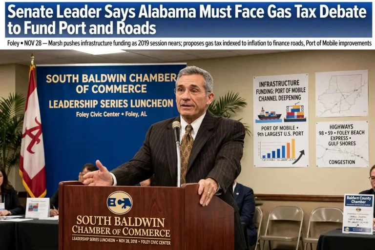 Illustration for the news story: Senate Leader Says Alabama Must Face Gas Tax Debate to Fund Port and Roads