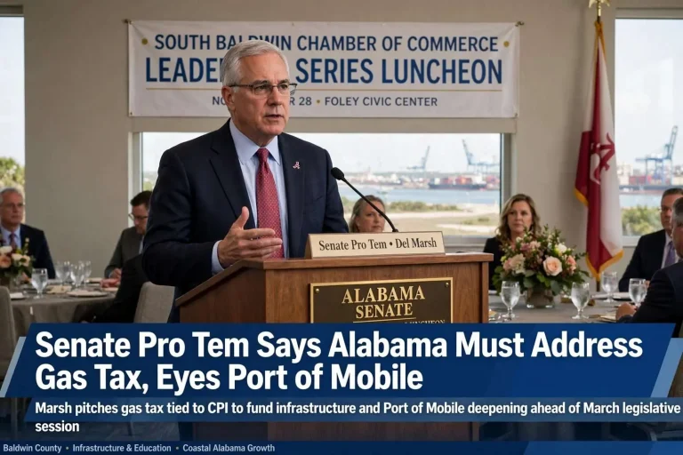 Illustration for the news story: Senate pro tem says Alabama must address gas tax, eyes Port of Mobile