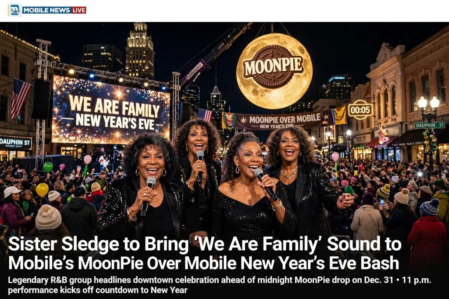 Illustration for the news story: Sister Sledge to Bring ‘We Are Family’ Sound to Mobile’s MoonPie Over Mobile New Year’s Eve Bash