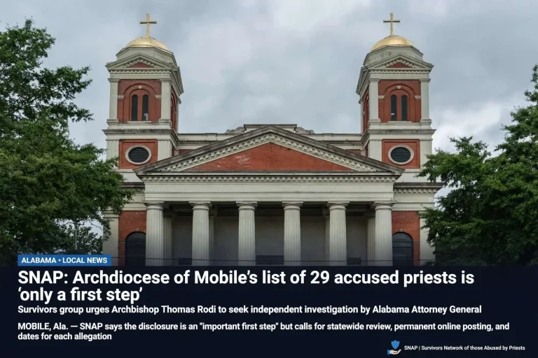 Illustration for the news story: SNAP: Archdiocese of Mobile’s list of 29 accused priests is ‘only a first step’