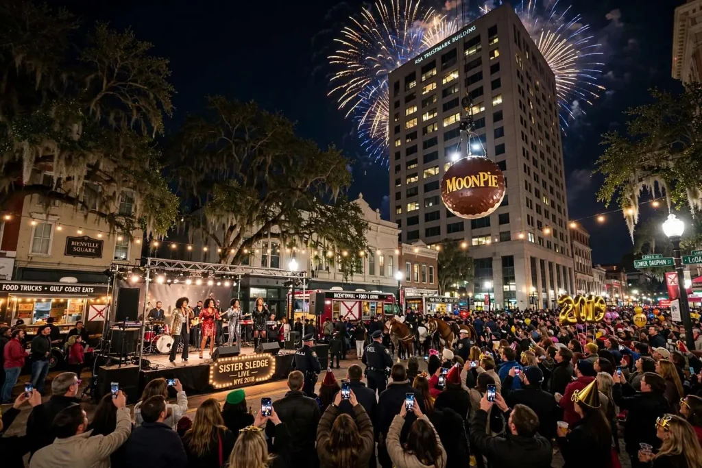 Illustration for the news story: Your Downtown Mobile New Year’s Eve 2018 Guide: MoonPie Drop, Venue Parties and Sister Sledge