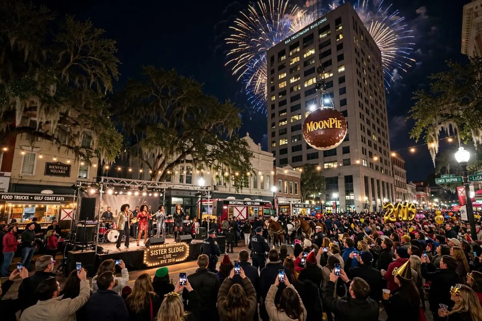 Illustration for the news story: Your Downtown Mobile New Year’s Eve 2018 Guide: MoonPie Drop, Venue Parties and Sister Sledge