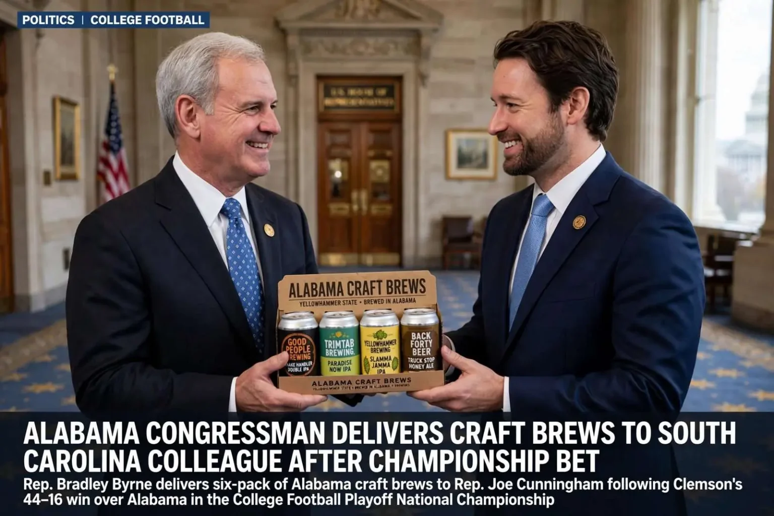 Illustration for the news story: Alabama Congressman Delivers Craft Brews to South Carolina Colleague After Championship Bet