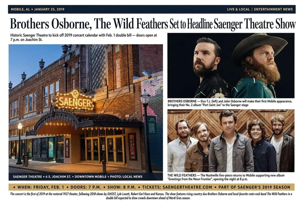 Illustration for the news story: Brothers Osborne, The Wild Feathers Set to Headline Saenger Theatre Show