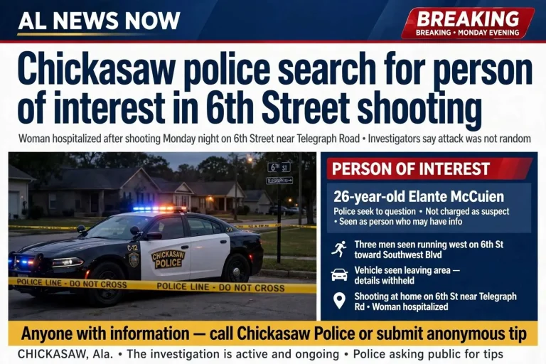 Illustration for the news story: Chickasaw police search for person of interest in 6th Street shooting