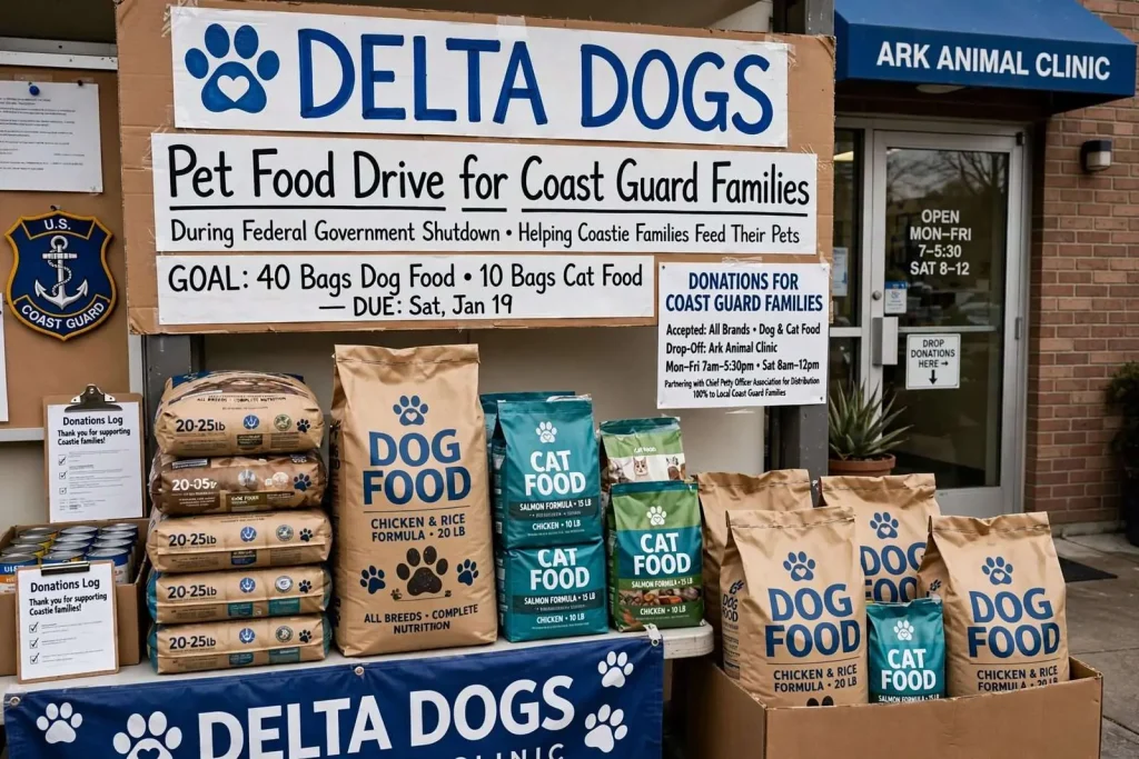 Illustration for the news story: Delta Dogs collecting pet food for Coast Guard families during shutdown