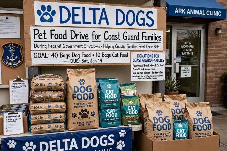 Illustration for the news story: Delta Dogs collecting pet food for Coast Guard families during shutdown