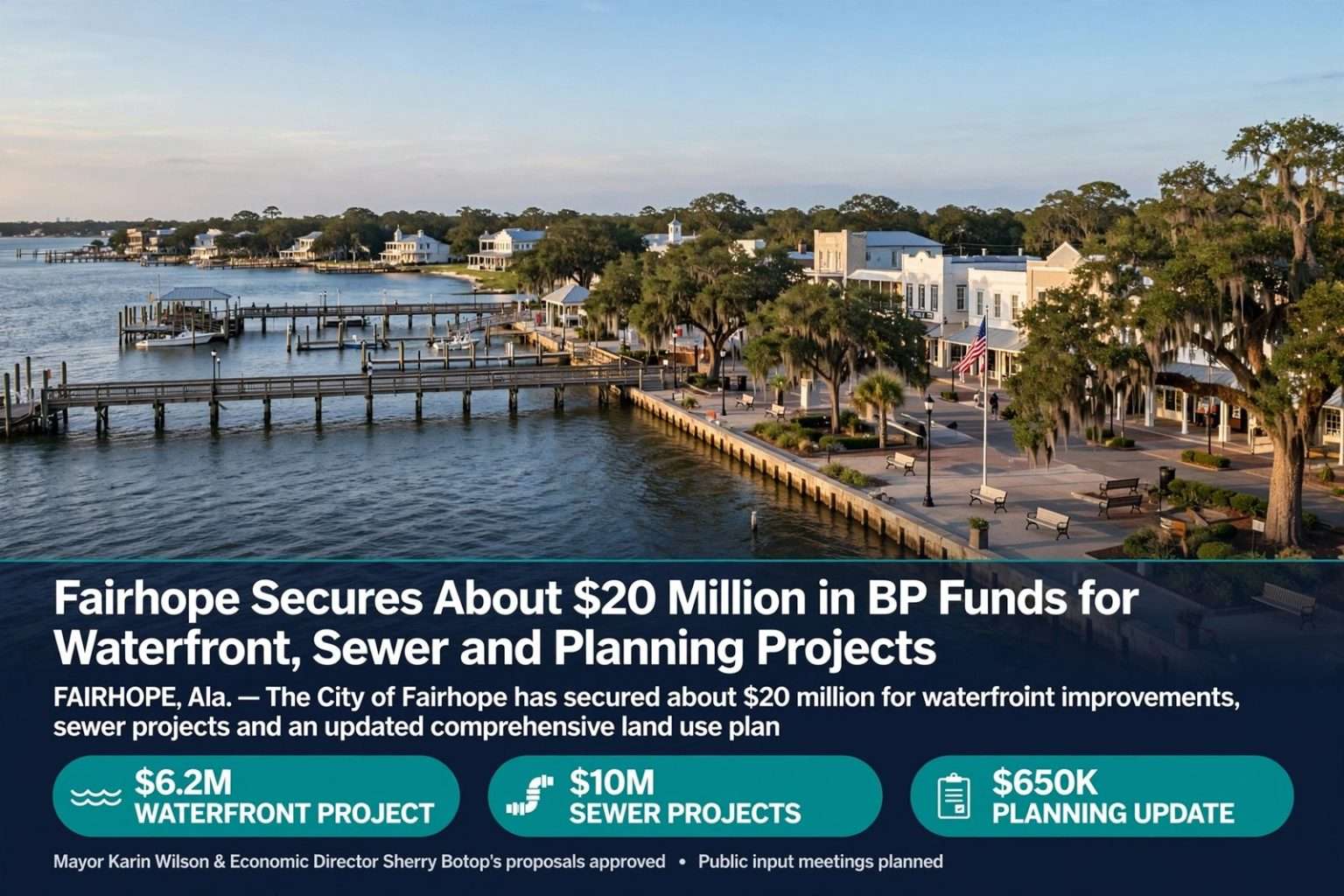 Illustration for the news story: Fairhope Secures About $20 Million in BP Funds for Waterfront, Sewer and Planning Projects