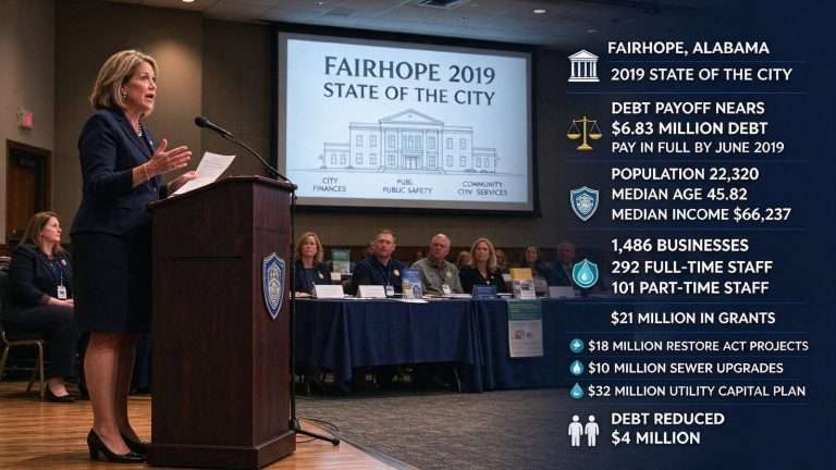 Illustration for the news story: Fairhope Mayor Karin Wilson Presents 2019 State of the City as Debt Payoff Nears