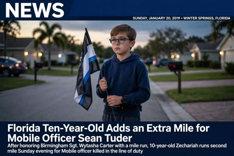 Illustration for the news story: Florida Ten-Year-Old Adds an Extra Mile for Mobile Officer Sean Tuder