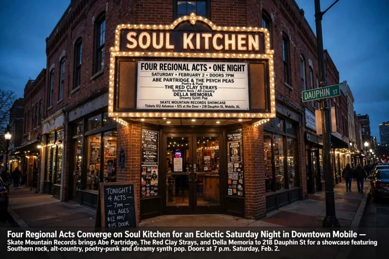 Illustration for the news story: Four Regional Acts Converge on Soul Kitchen for an Eclectic Saturday Night in Downtown Mobile
