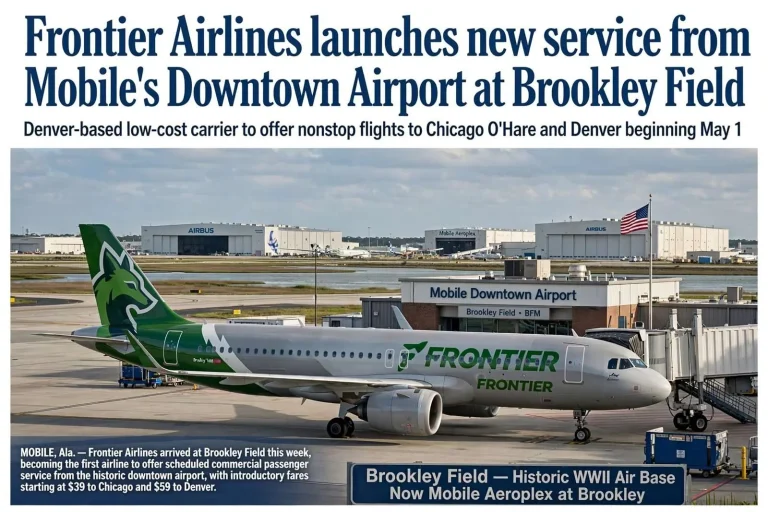 Illustration for the news story: Frontier Airlines launches new service from Mobile’s Downtown Airport at Brookley Field