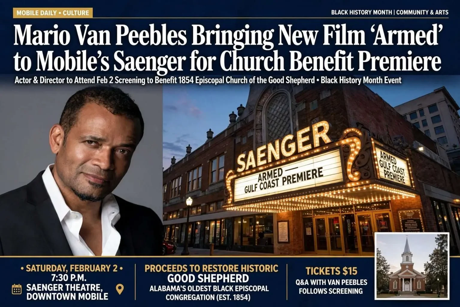 Illustration for the news story: Mario Van Peebles Bringing New Film ‘Armed’ to Mobile’s Saenger for Church Benefit Premiere