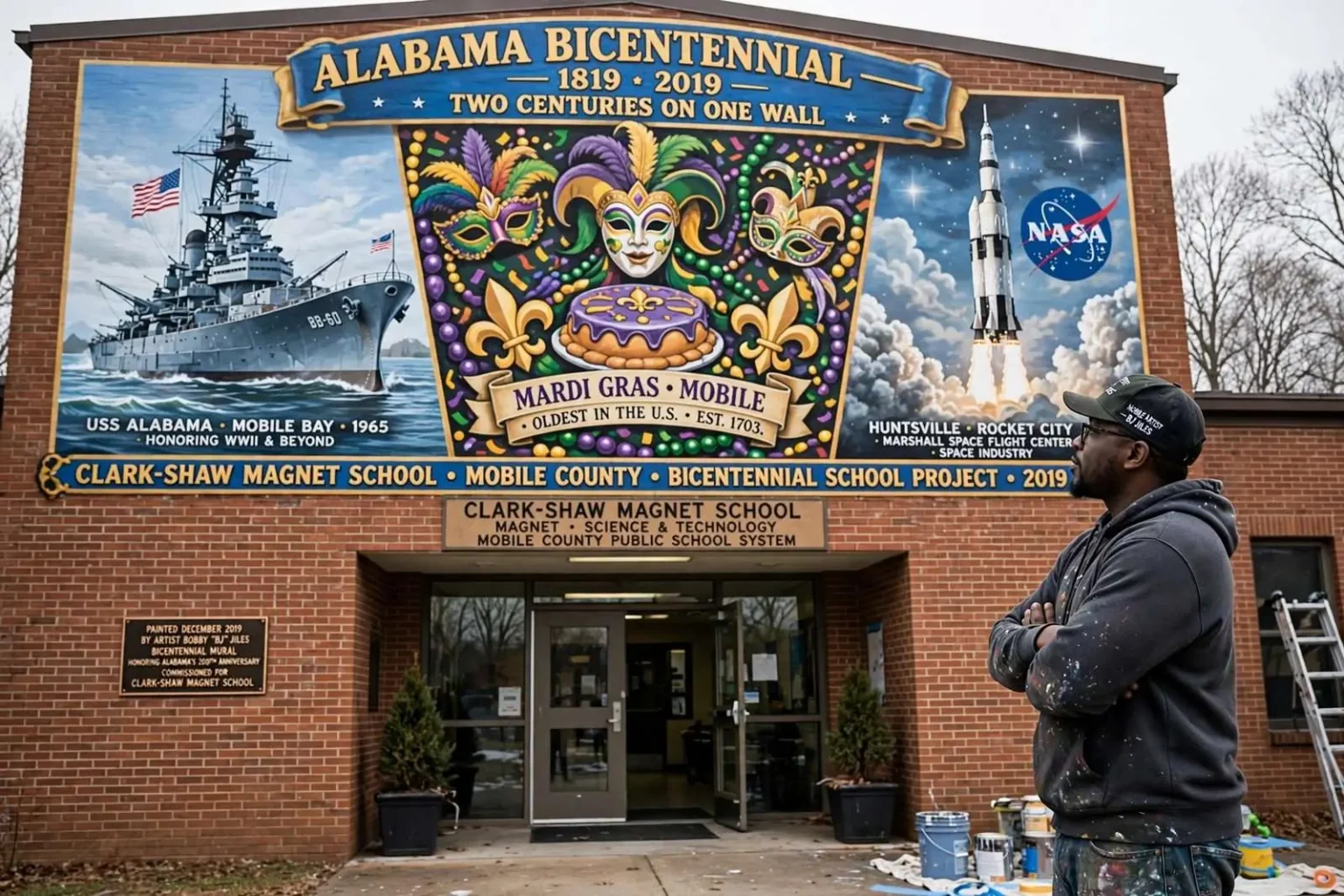 Illustration for the news story: Mobile artist paints bicentennial mural at Clark-Shaw Magnet School