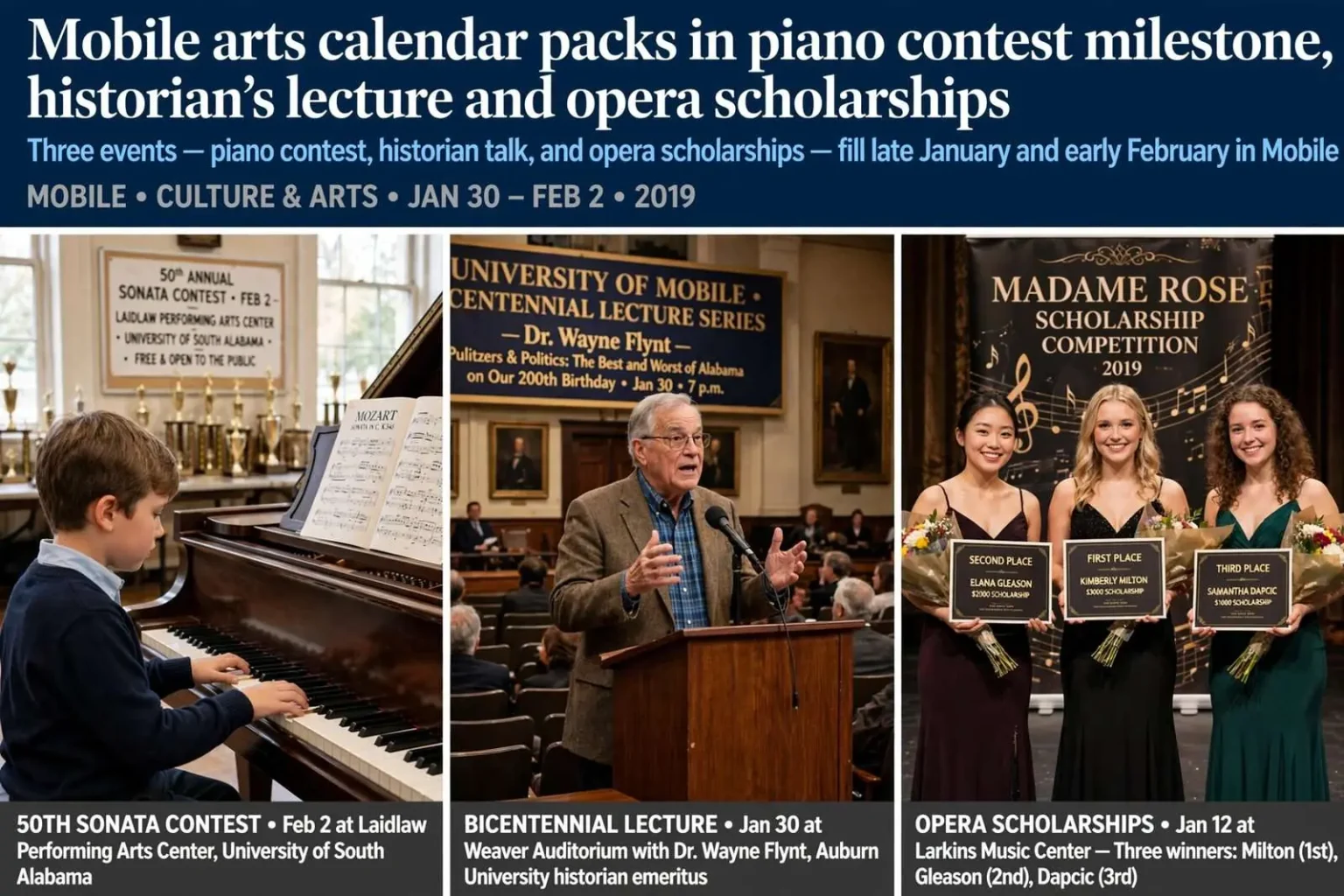 Illustration for the news story: Mobile arts calendar packs in piano contest milestone, historian’s lecture and opera scholarships