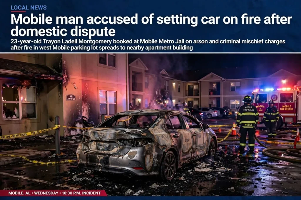 Illustration for the news story: Mobile man accused of setting car on fire after domestic dispute