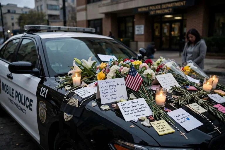 Illustration for the news story: Mobile Mourners Turn Fallen Officer’s Patrol Car Into a Makeshift Memorial