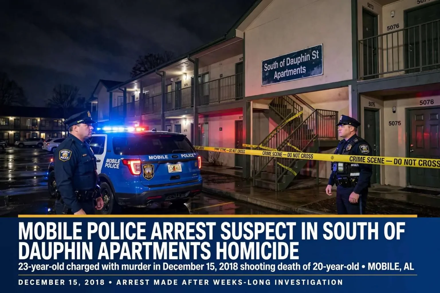 Illustration for the news story: Mobile Police Arrest Suspect in South of Dauphin Apartments Homicide
