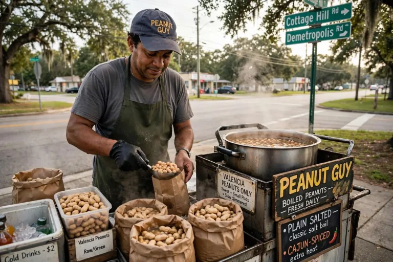 Illustration for the news story: Mobile’s “Peanut Guy” Keeps a Southern Roadside Tradition Boiling at Cottage Hill and Demetropolis