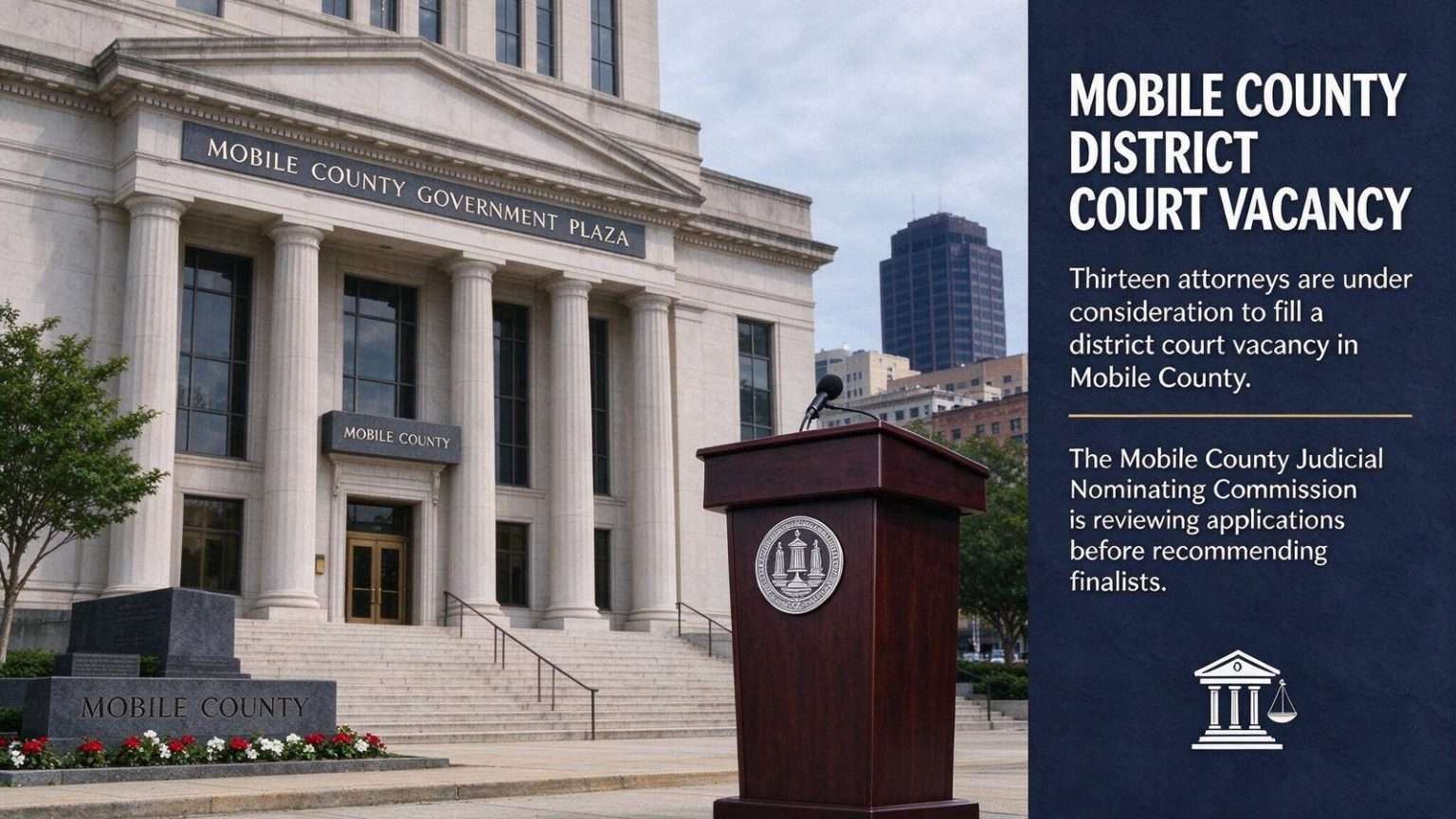 Illustration for the news story: Thirteen Attorneys Vie to Fill Mobile County District Court Vacancy