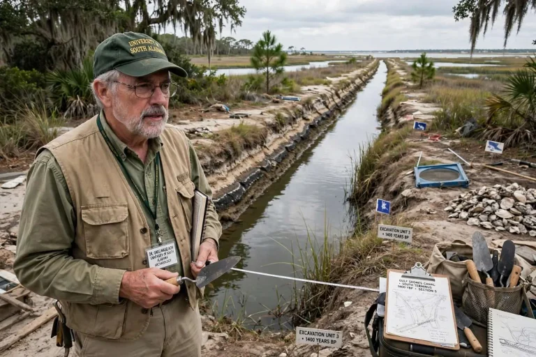Illustration for the news story: USA Archaeologist to Discuss 1,400-Year-Old Canoe Canal Found Near Gulf Shores