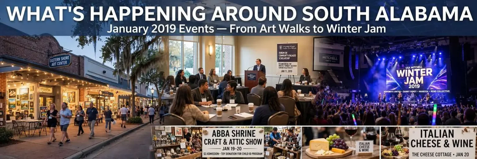 Illustration for the news story: What’s Happening Around South Alabama: January 2019 Events From Art Walks to Winter Jam