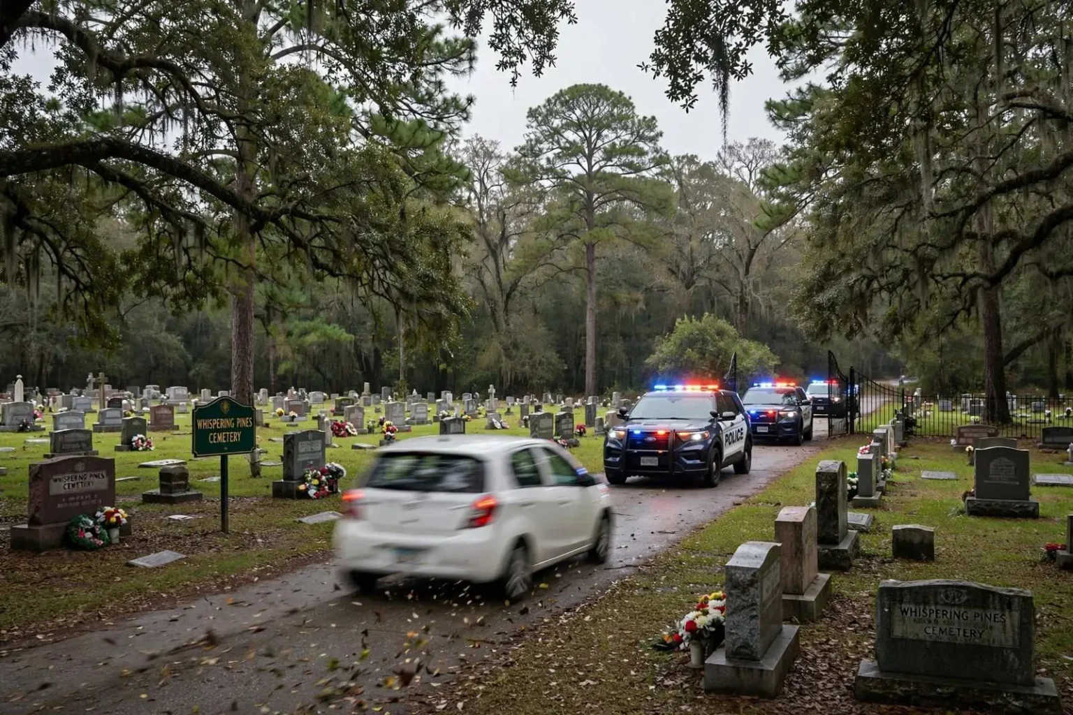 Illustration for the news story: Witnesses say police chase sped through Mobile cemetery