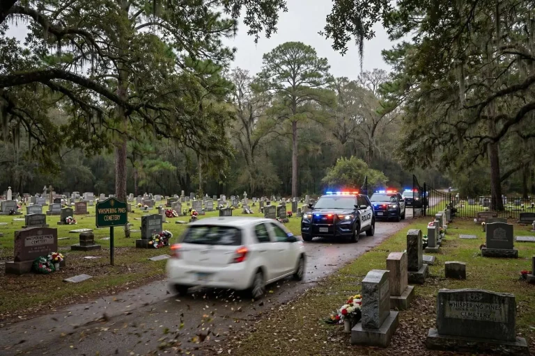 Illustration for the news story: Witnesses say police chase sped through Mobile cemetery